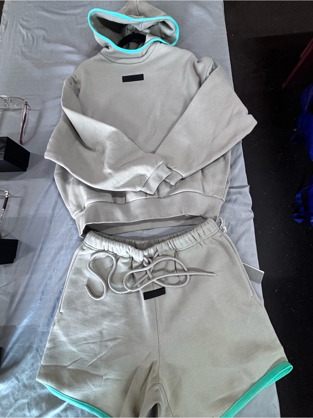 Fear of God Taupe Hoodie & Shorts Set with Mint Trim